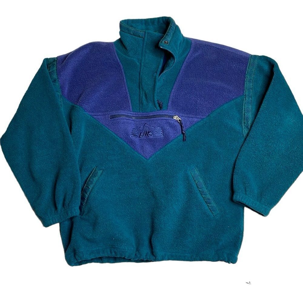 Rare 90s Vintage Retro EMS Color Block Fleece Pullover teal and purple Medium